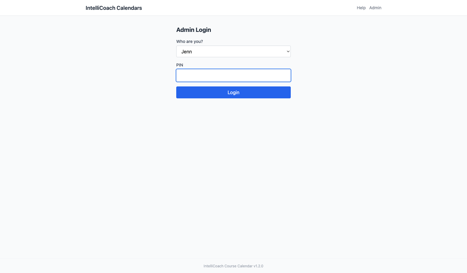 The admin login screen showing a name dropdown, PIN input field, and a blue Login button