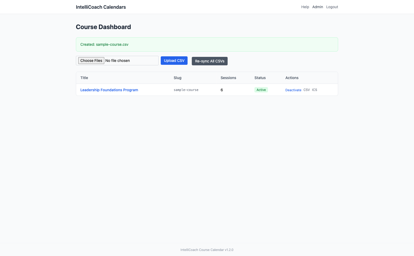 The admin dashboard showing the course table with one course listed, plus the Upload CSV and Re-sync buttons at the top